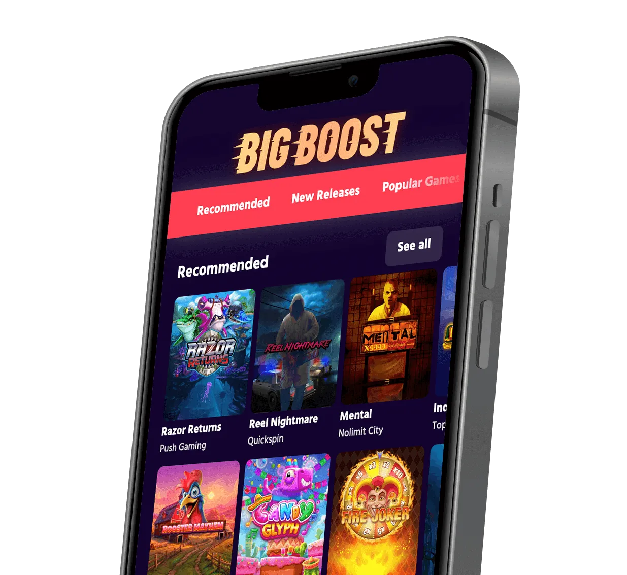 Big Boost casino lobby on a mobile phone